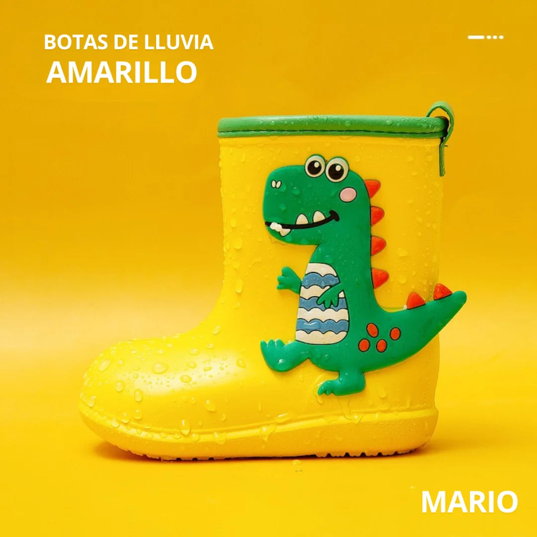 Bota de lluvia infantil barefoot amarilla con diseño de dinosaurio, ligera y flexible.