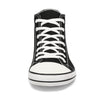 Vista frontal zapatilla barefoot mujer negra con puntera ancha de goma.