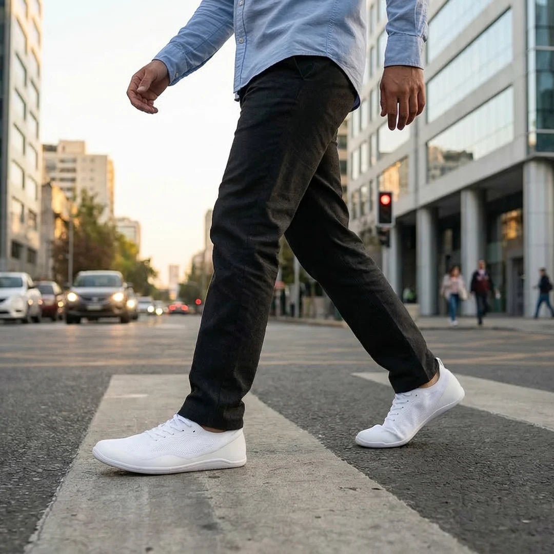 Hombre utilizando Kenaz blancas de Sowilo Zapatilla Barefoot en horario laboral.