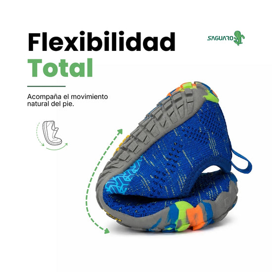 Saguaro Kids Smart I azul flexibilidad — zapatilla barefoot infantil azul suela flexible doblada Chile
