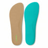 Vista superior e inferior de plantillas para zapatos ergonómicos de adulto Saguaro, base verde elástica antideslizante para pies con empeine alto.