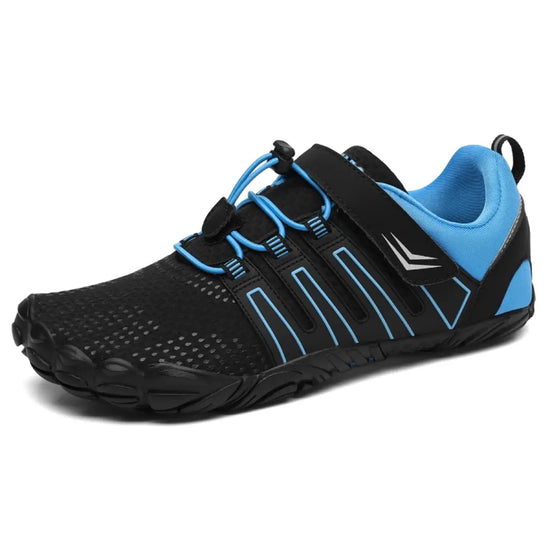 Zapatilla barefoot Saguaro Vigor II azul vista diagonal.