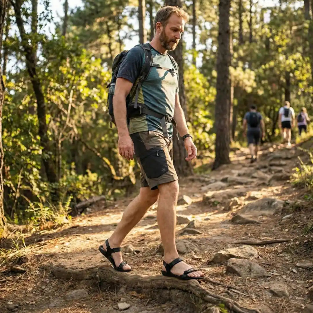 Hombre con sandalias minimalistas Chile Sowilo Raido negras