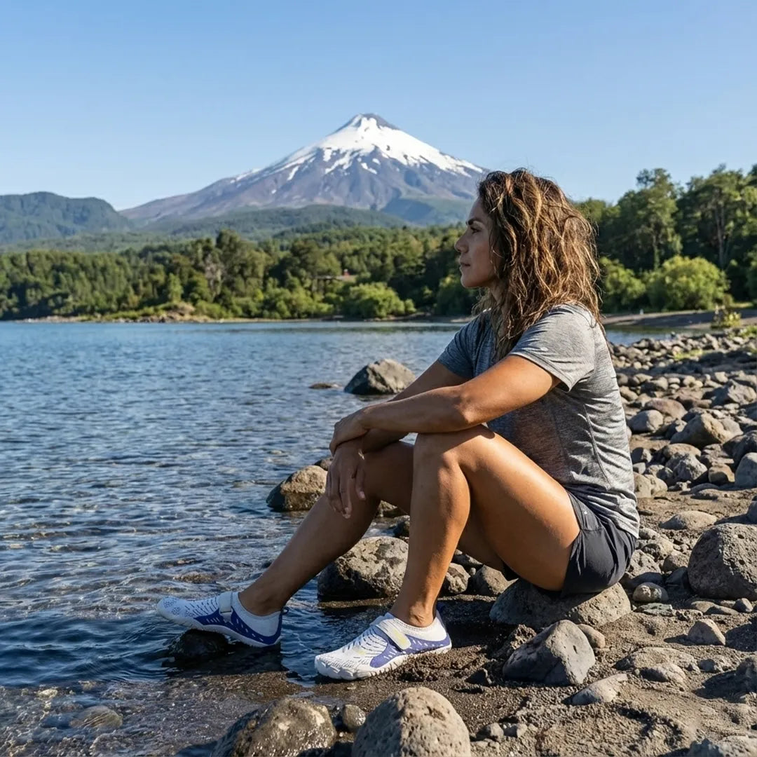 Mujer sentada la orilla del lago usando zapatillas de agua Saguaro azules.