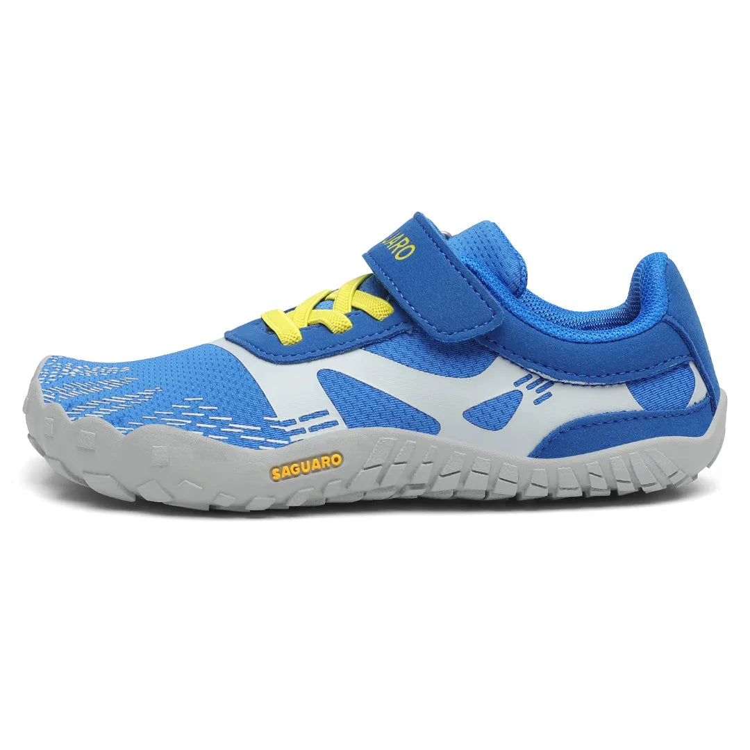 Zapatillas anchas infantiles en azul y gris con suela flexible zero drop.