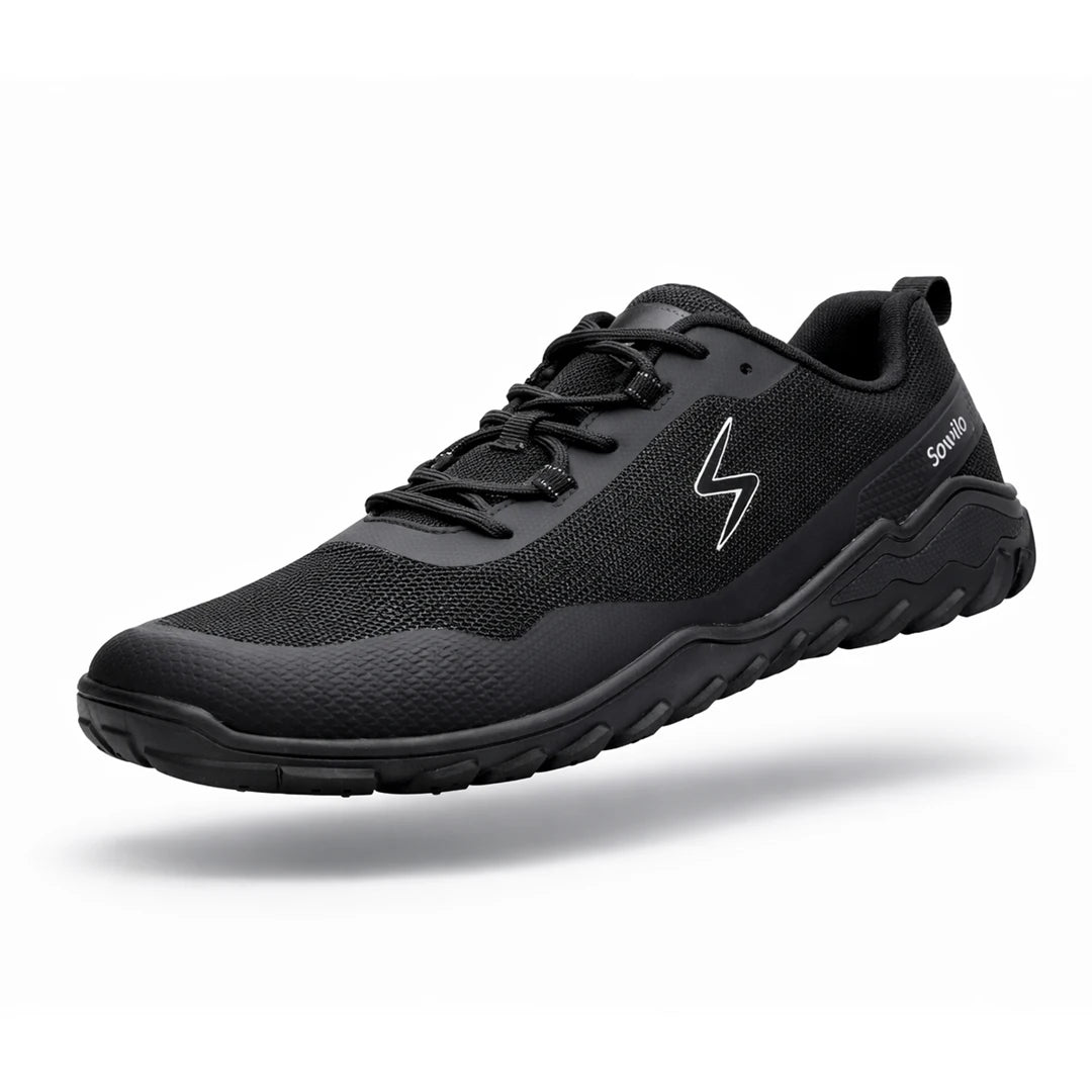 Zapatillas minimalistas negras para trekking Sowilo Algiz, calzado técnico resistente al agua y al desgaste en exteriores.