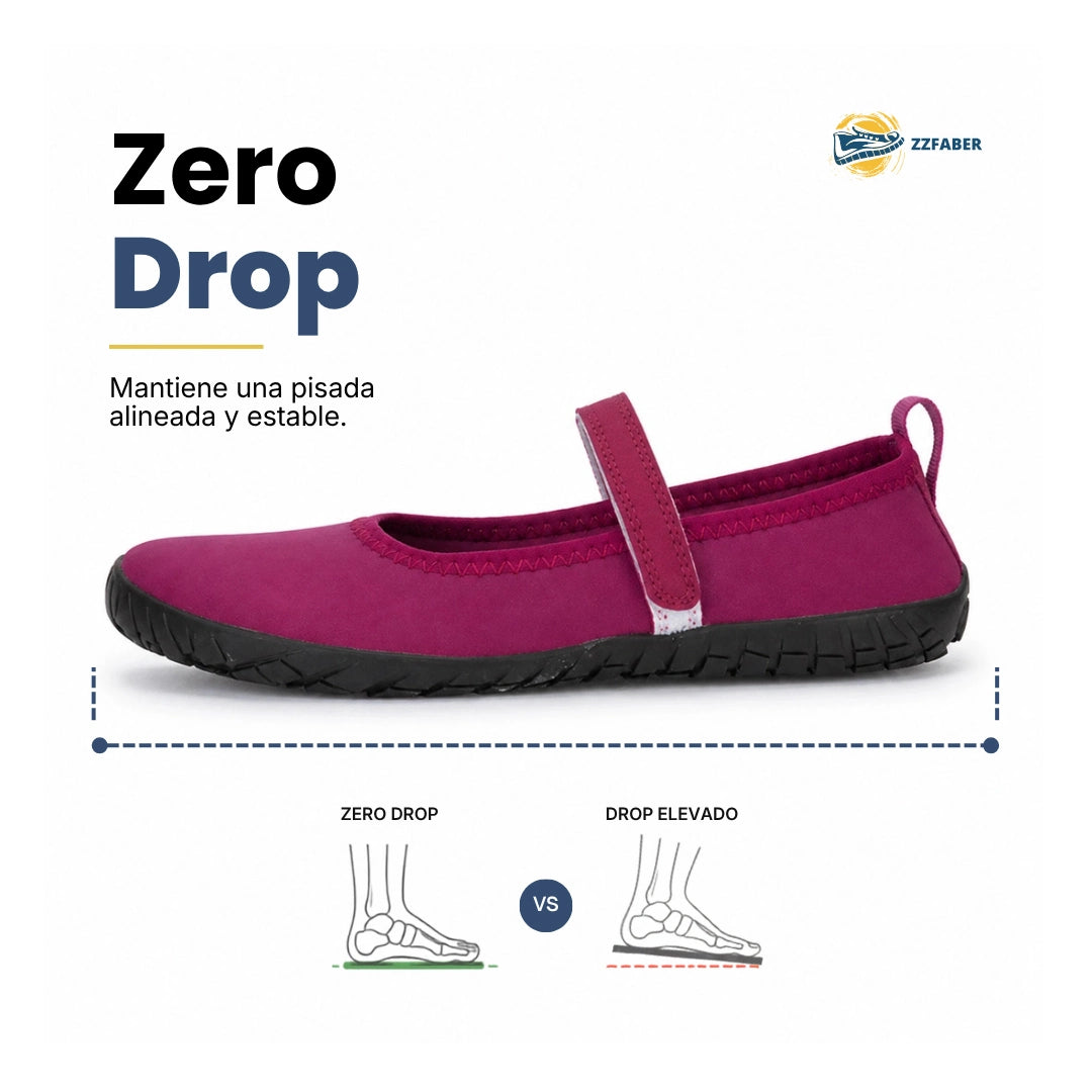 Zapato minimalista para mujer con suela plana zero drop y diseño ergonómico de perfil bajo.